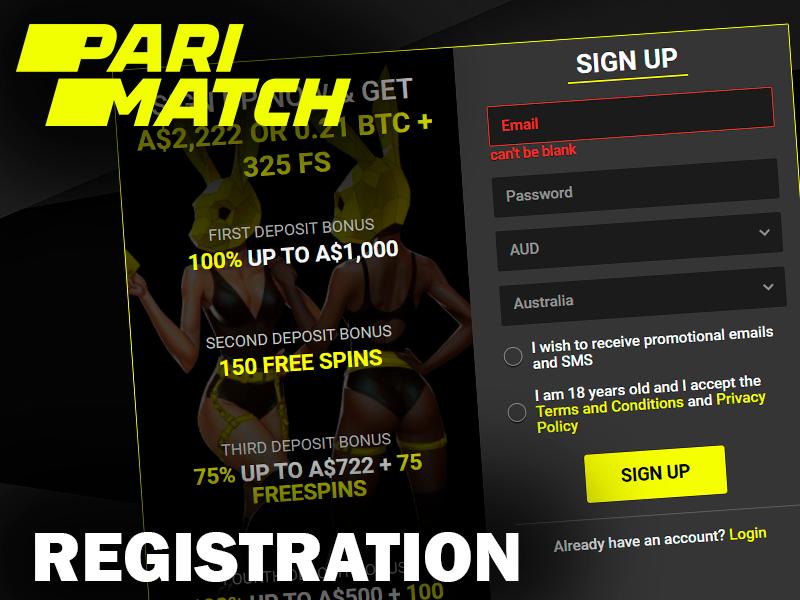 Registration form on Parimatch casino site