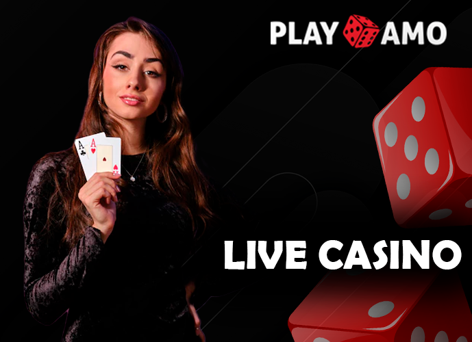 Live dealer holding playing cards and PlayAmo casino logo