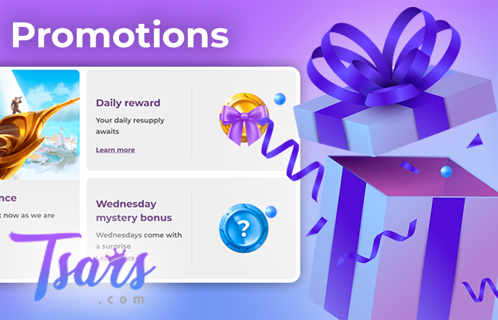 Screenshot of bonuses on Tsars casino website, opened gift box and Tsars casino logo
