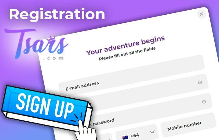 Registration form on the website of the Tsars Casino
