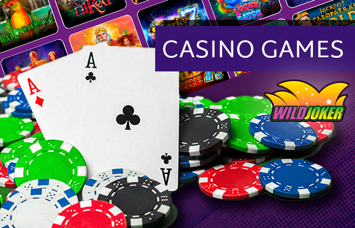 Screenshot of Wild Joker casino site games and playing cards with poker chips