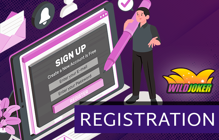 The man holding the stylus next to the tablet on which the registration form is open, and the Wild Joker casino logo