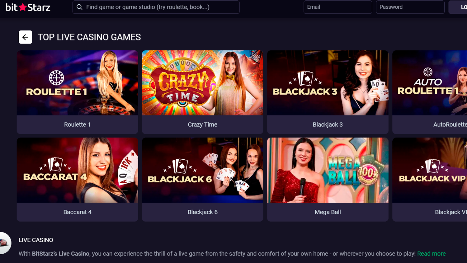 Live casino category on Bitstarz casino website and Bitstarz casino logo