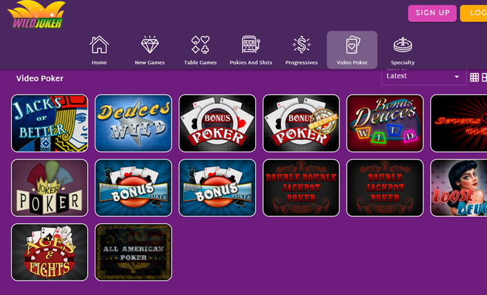 Wild Joker casino Video Poker page screenshot