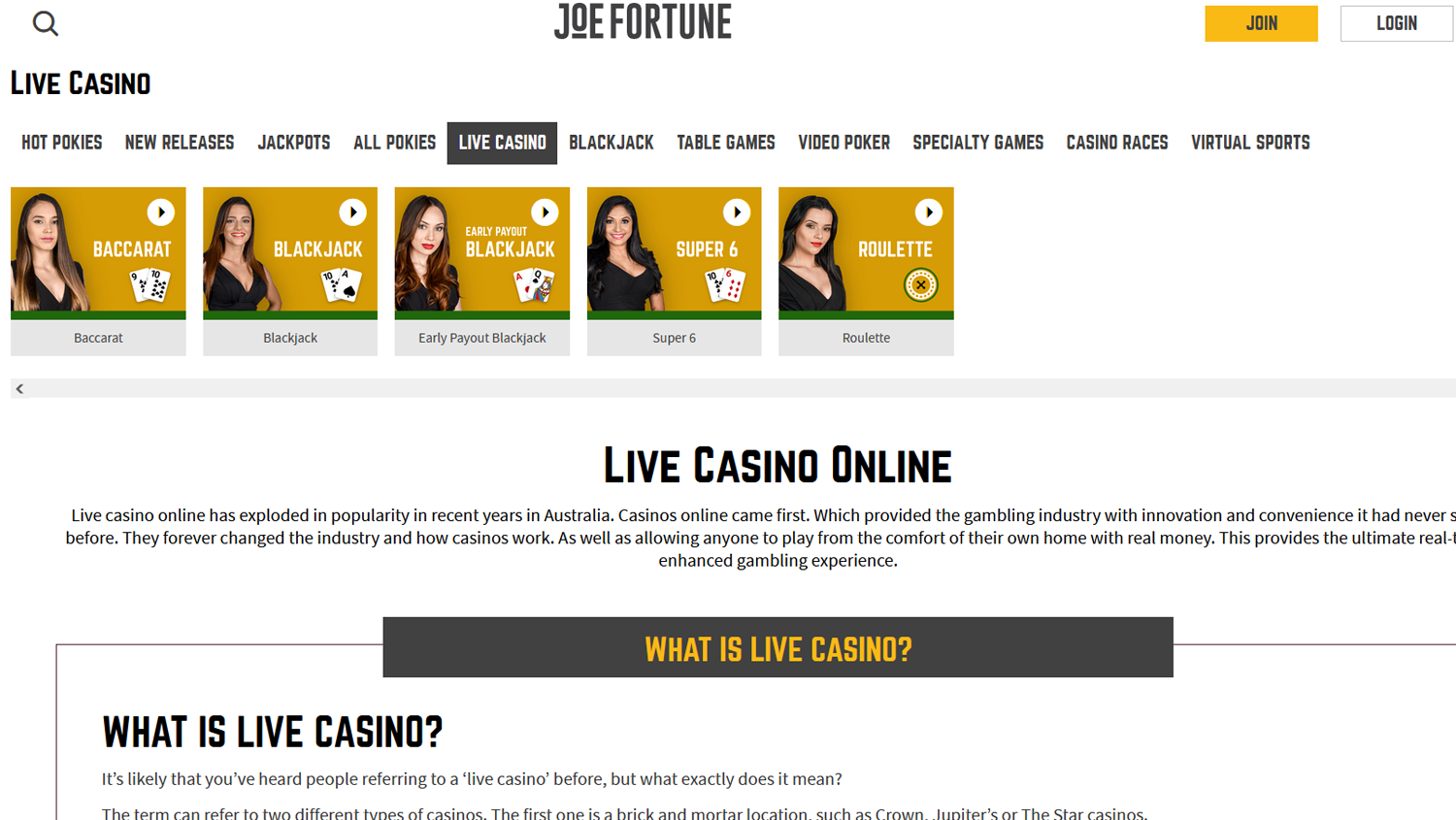 Screenshot of Live casino on Joe Fortune casino site