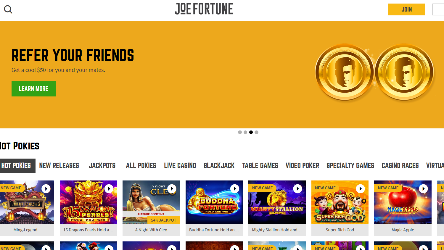 Screenshot of the main page on the Joe Fortune casino site