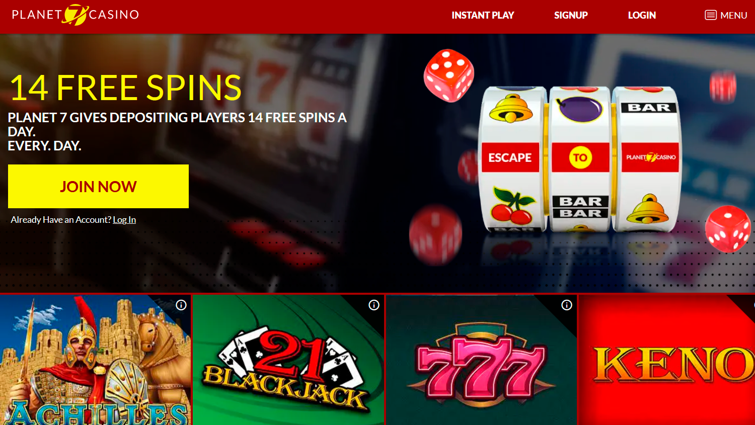 Planet 7 Oz casino screenshot of main page