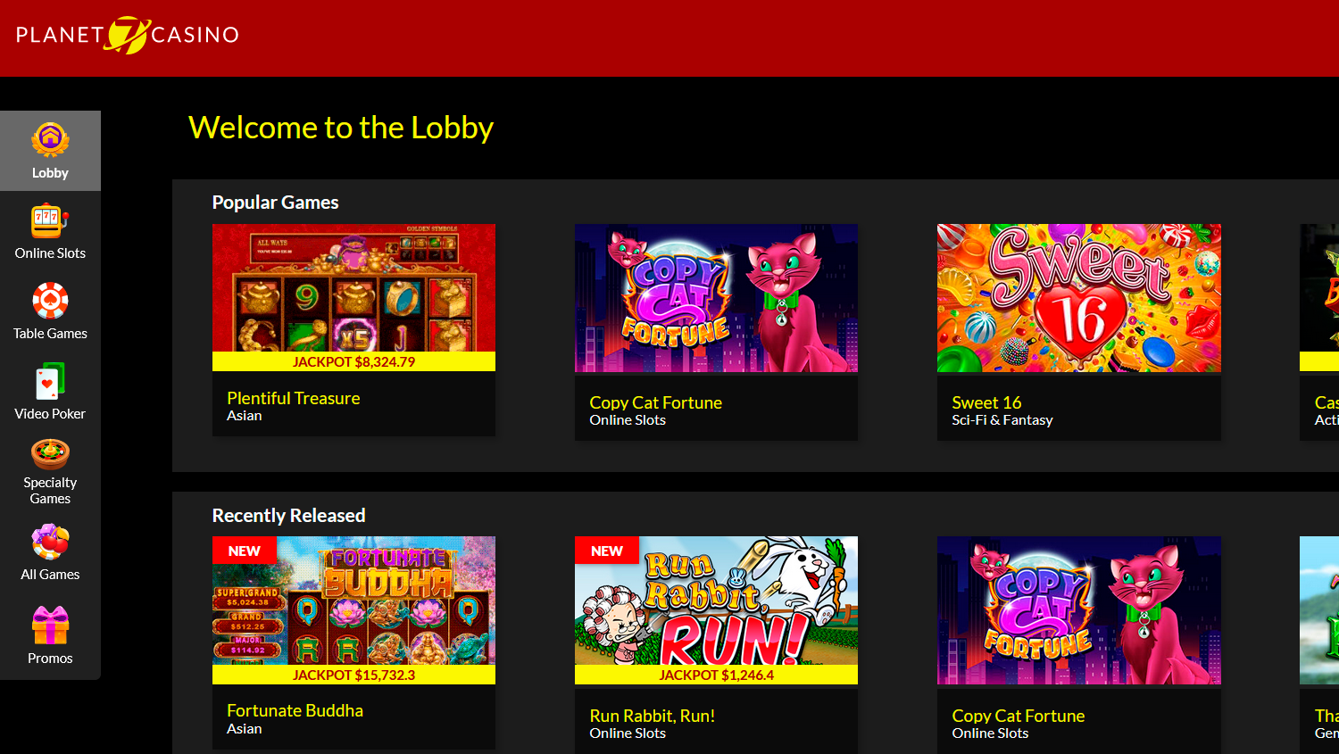 Planet 7 Oz casino screenshot of Lobby