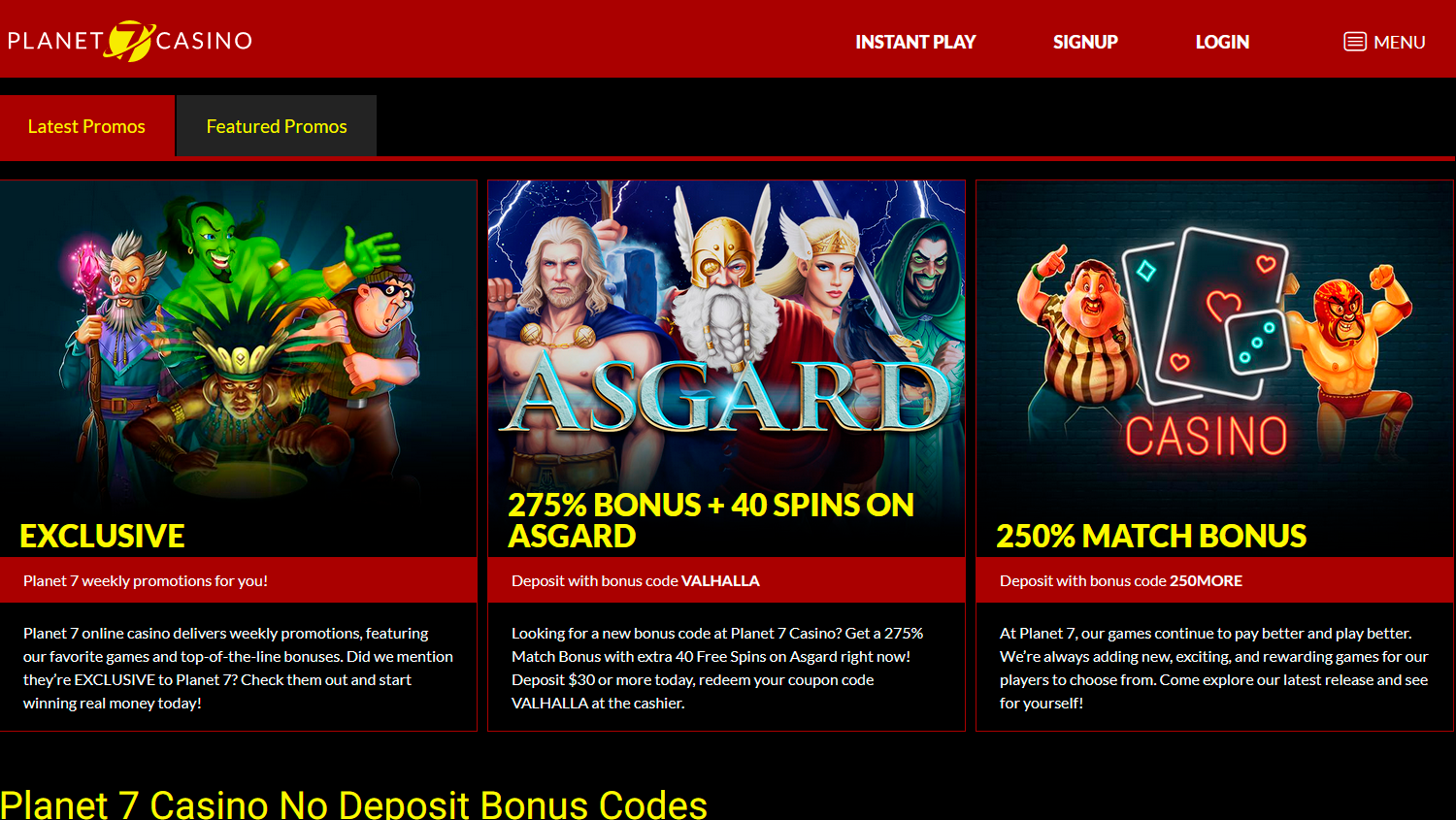 Planet 7 Oz casino screenshot of main page
