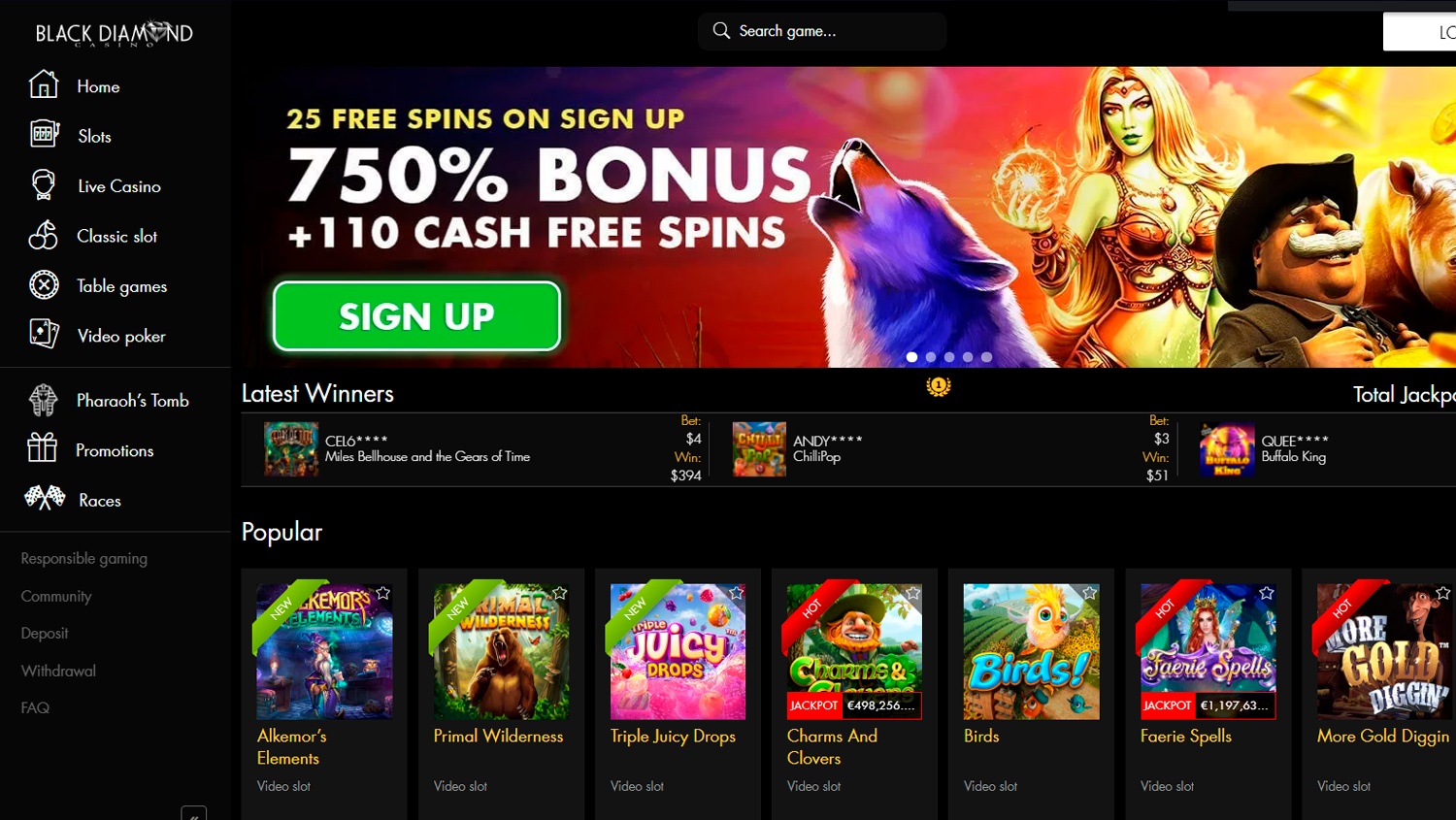Black Diamond casino screenshot of main page