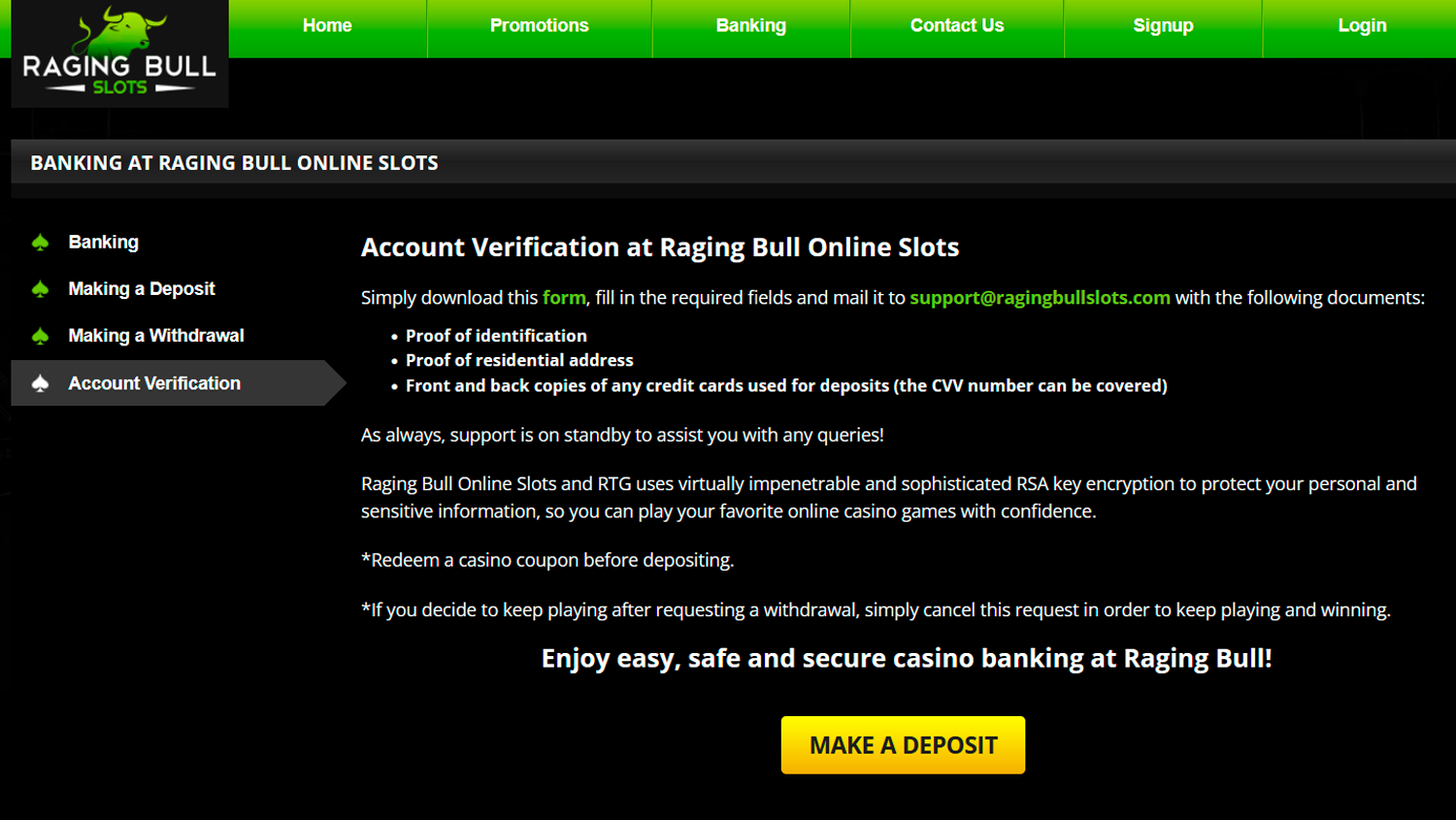 Raging Bull Casino verification instructions page