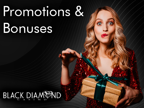 Happy woman unpacking a giftbox and Black Diamond Casino logo