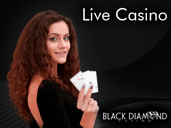 Casino woman live dealer holding playing cards and smiling and Black Diamond logo