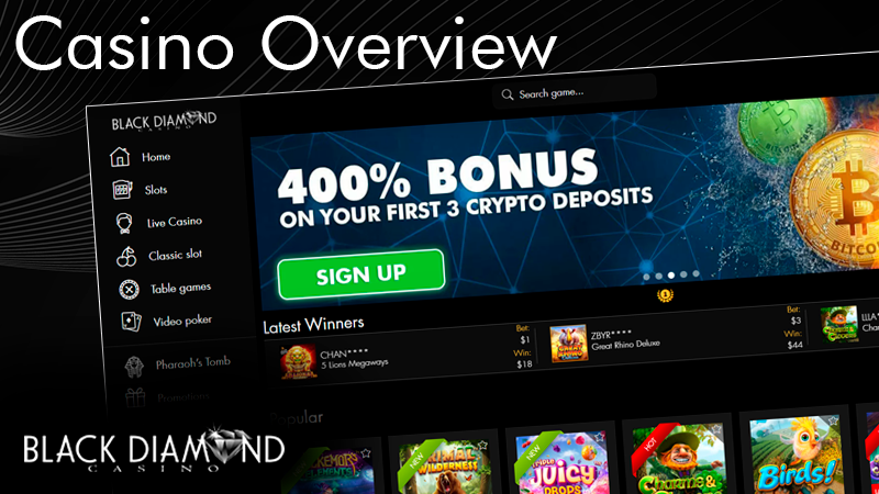Screenshot of main page of Black Diamond casino and Black Diamond casino logo