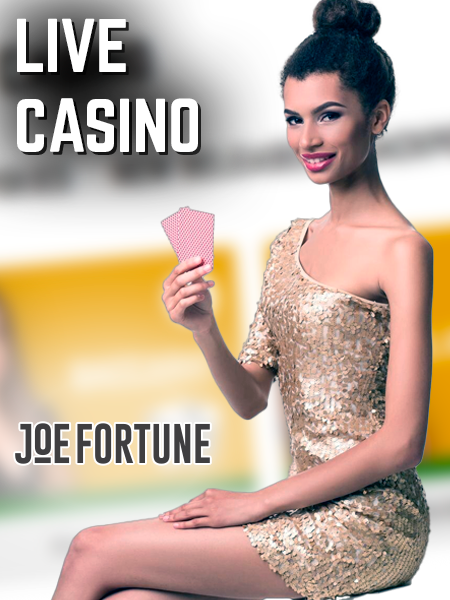 Woman casino crupie is sitting and holding two playing cards and Joe Fortune logo