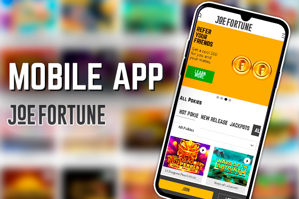 Joe Fortune casino site opened on a smartphone and Joe Fortune logo