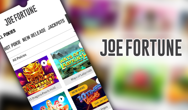 Mobile screenshot of Joe Fortune casino site and Joe Fortune logo