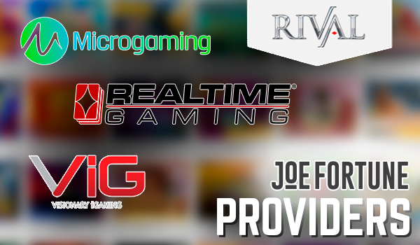 Microgaming, Rival, Realtime gaming, VIG providers logos and Joe fortune logo