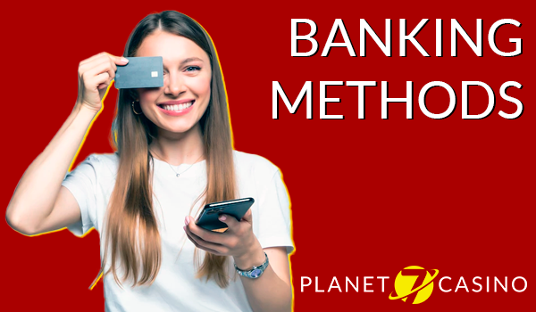 Happy woman holding a smartphone and paying card and planet 7 oz casino logo