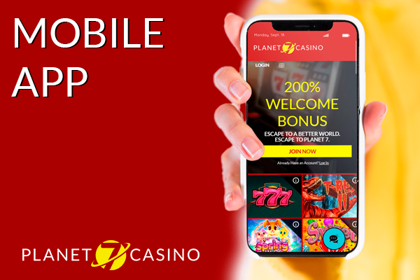 Planet 7 Oz casino website opened on a smartphone and Planet 7 Oz logo