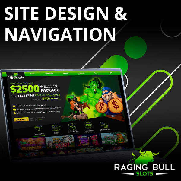 Raging Bull casino website opened on a laptop and Raging Bull logo