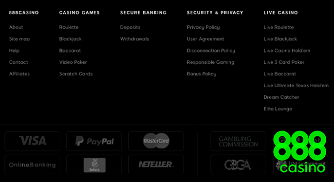 The bottom of the Casino 888 website with important links and logos payment methods
