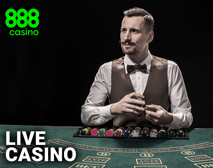 A male dealer in a shirt sits at a poker table and the 888 Casino logo