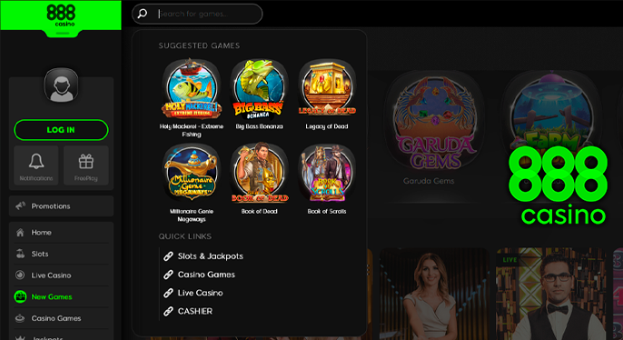 888 Casino home page with an open search