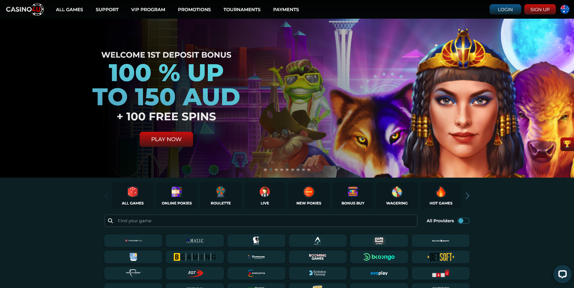 Screenshot of main page on Casino4u casino site