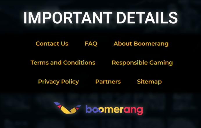 Menu with important links to Boomerang Casino