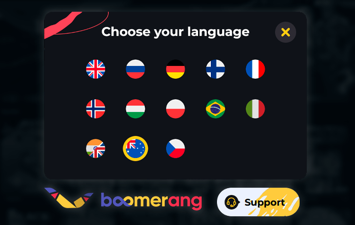 Selecting the language version of the Boomerang Casino site