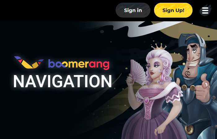Boomerang Casino menu - login and registration buttons