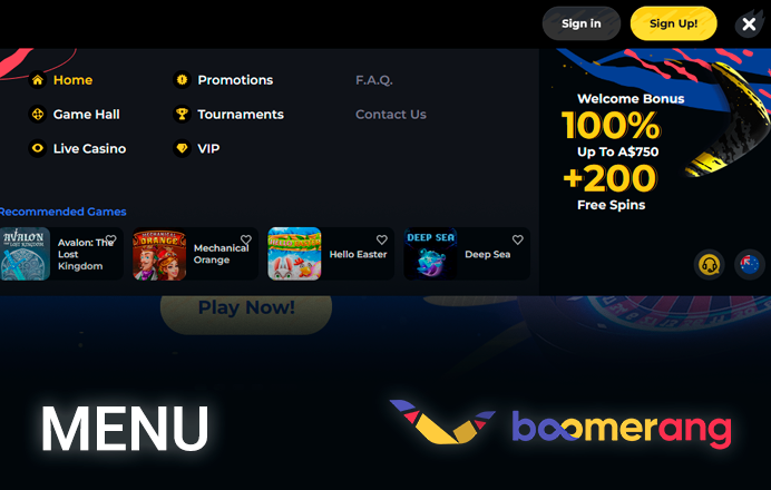 Boomerang website menu disclosed