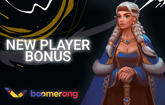 A girl in a blue fur coat and a sword in her hands next to the Boomerang Casino logo