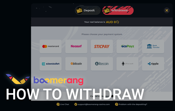 Withdrawal form for Boomerang Casino