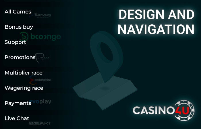 Main menu at Casino4u - how to navigate