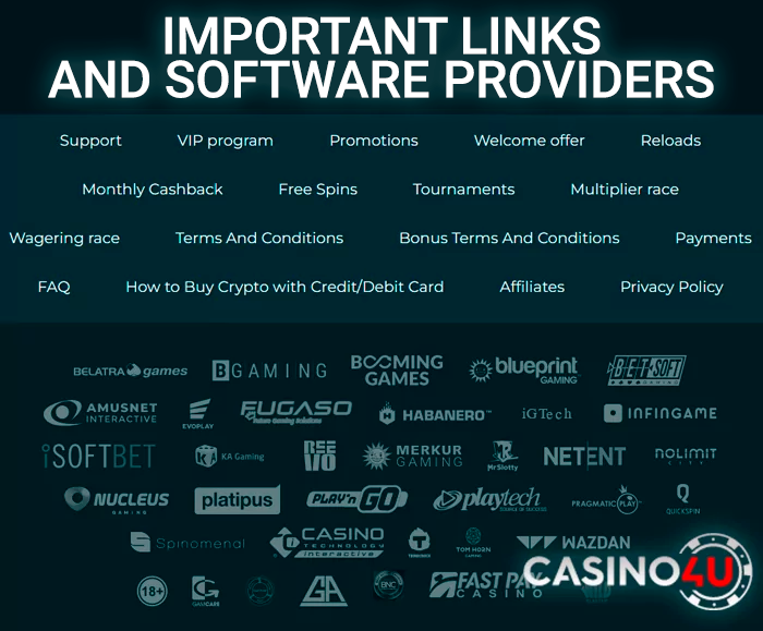 Bottom menu and software provider logos at Casino4u