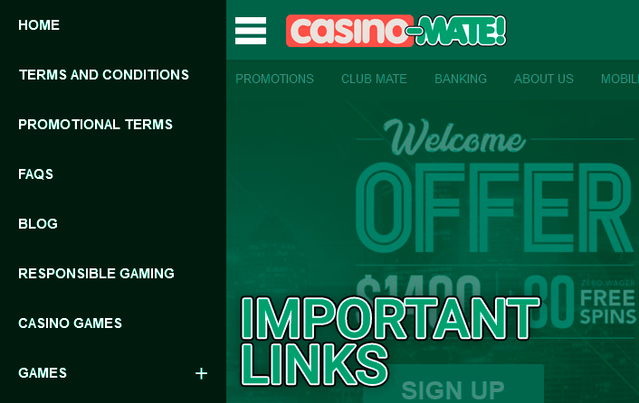 Casino Mate side menu with important links