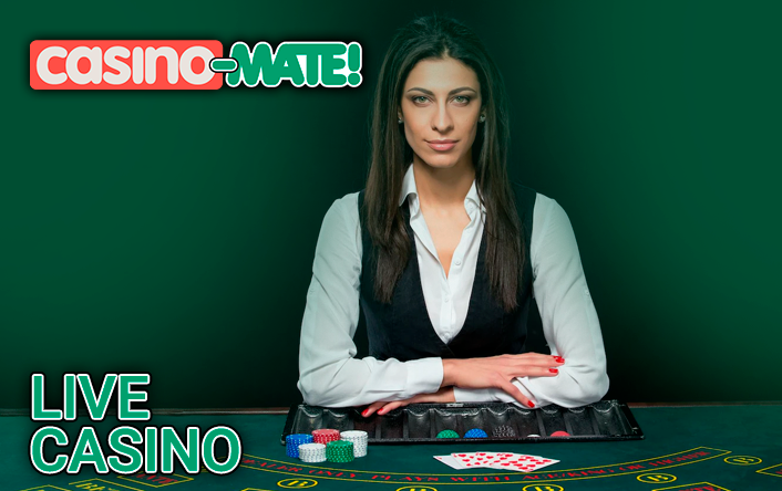 The girl croupier at the gaming table and the Casino Mate logo