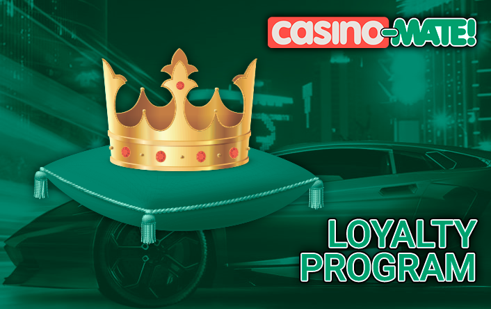 Golden crown on a pillow against a background of an expensive car and Casino Mate logo