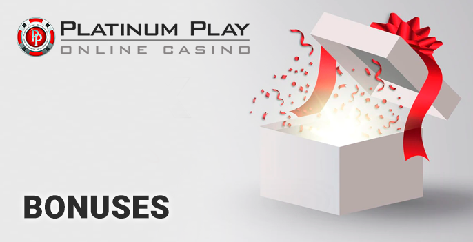 Platinum Play Casino logo and bonus box with a bright gift