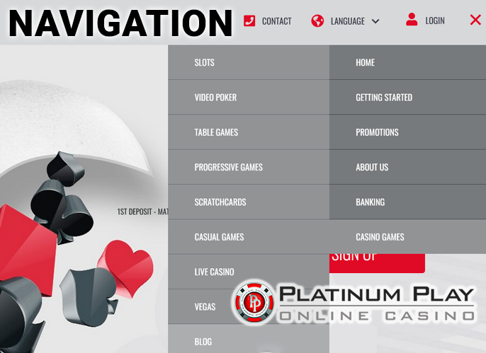 The top menu of the site with an open tab on Platinum Play Casino