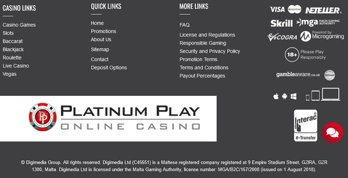 The bottom of the Platinum Play Casino website with important information