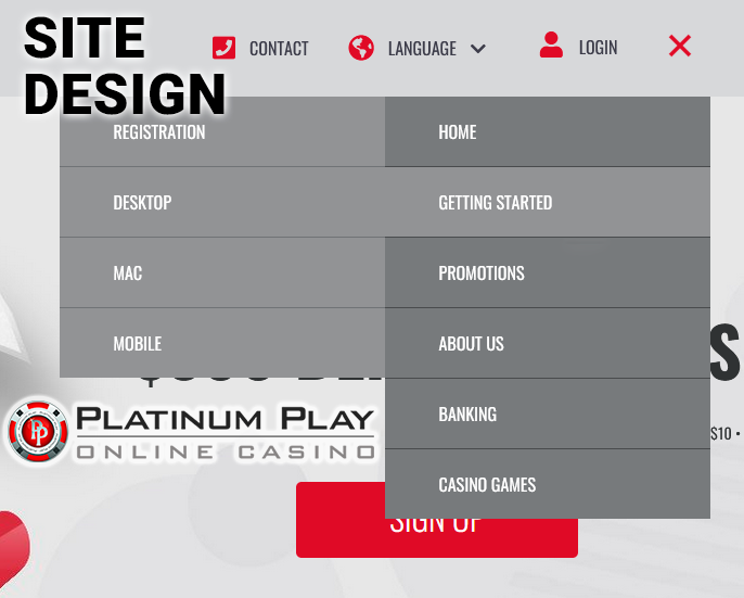 Main menu of Platinum Play Casino site