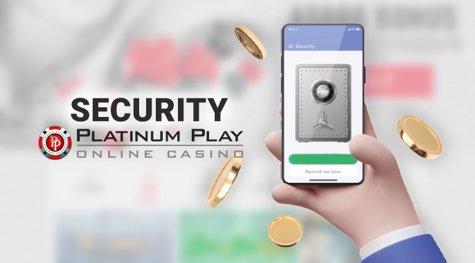 Cell phone with an icon of a safe in his hands and the logo of Platinum Play Casino