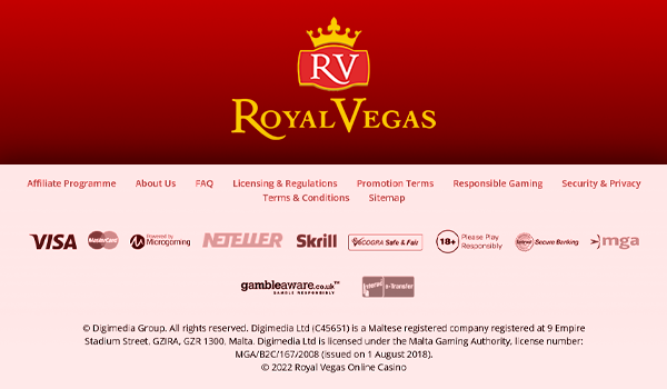 Footer with important links and payments logos atRoyal Vegas