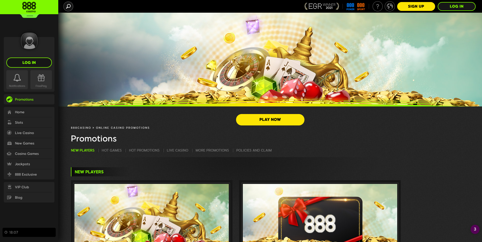 Screenshot of the 888 Casino Promotions pages