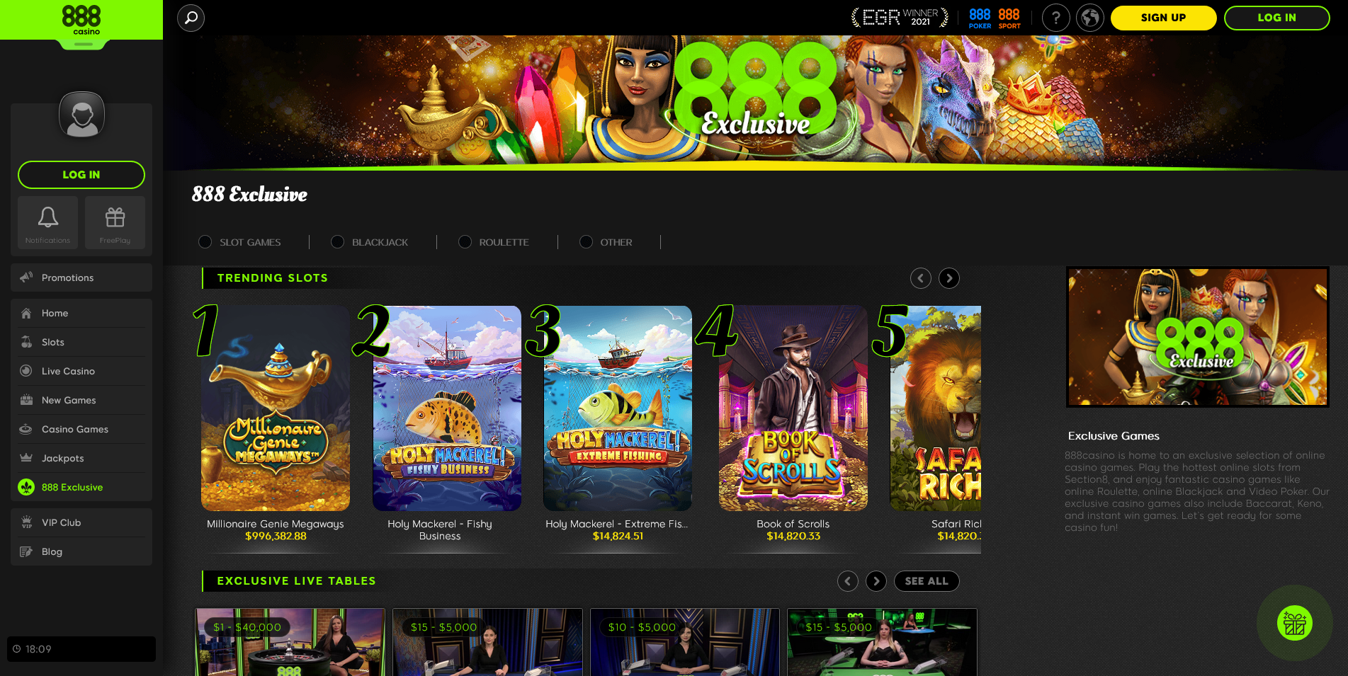Screenshot of the 888 Casino Exclusive game pages