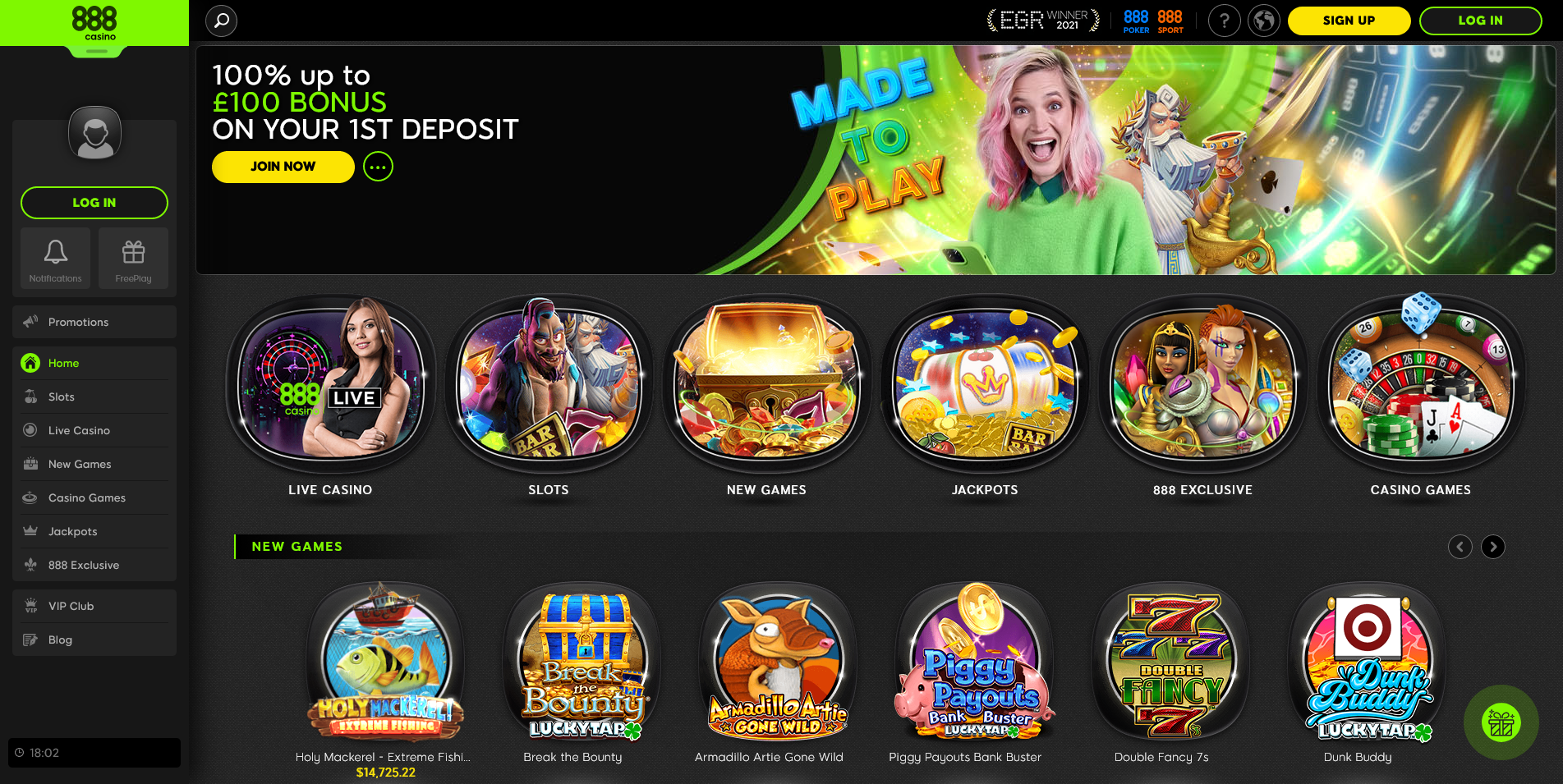 Screenshot of the 888 Casino Games Category pages