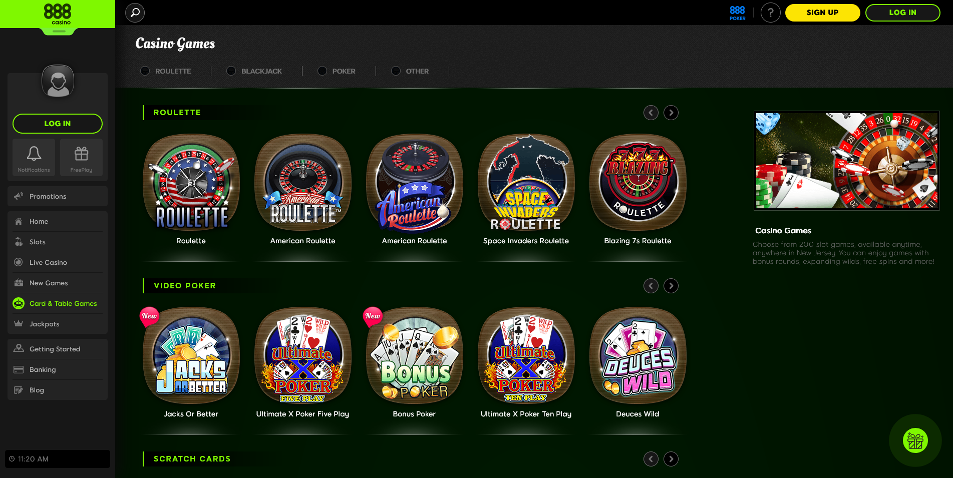 Screenshot of the 888 Casino Live Games Category pages